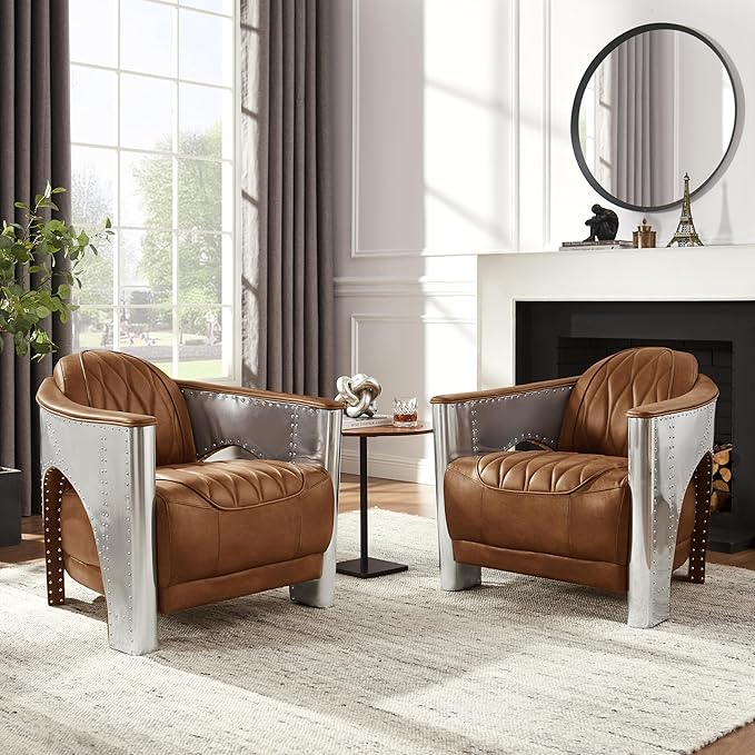 Art Leon Genuine Leather Chair, Mid Century Industrial Accent Arm Chair - Image 8