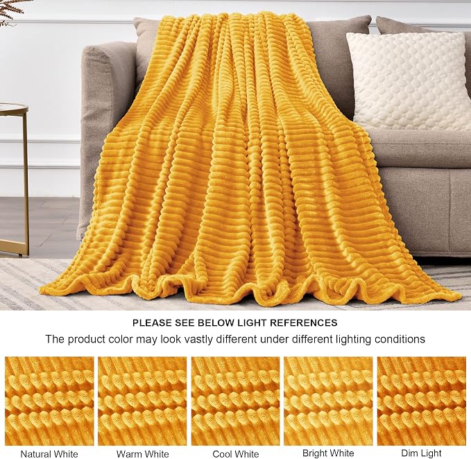 BEDELITE Ribbed Mustard Yellow Fleece Throw Blanket - Image 8