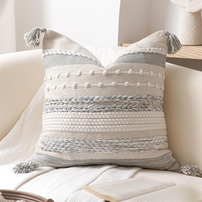 Gray Boho Decorative Throw Pillow Cover 20x20 Square Farmhouse Accent Cushion by BlissBlush