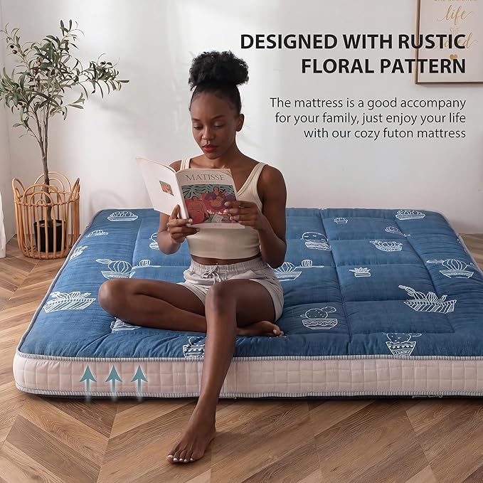 MAXYOYO Grey Cactus Pattern Full Size Futon Mattress, Quilted Bed Mattress - Image 4