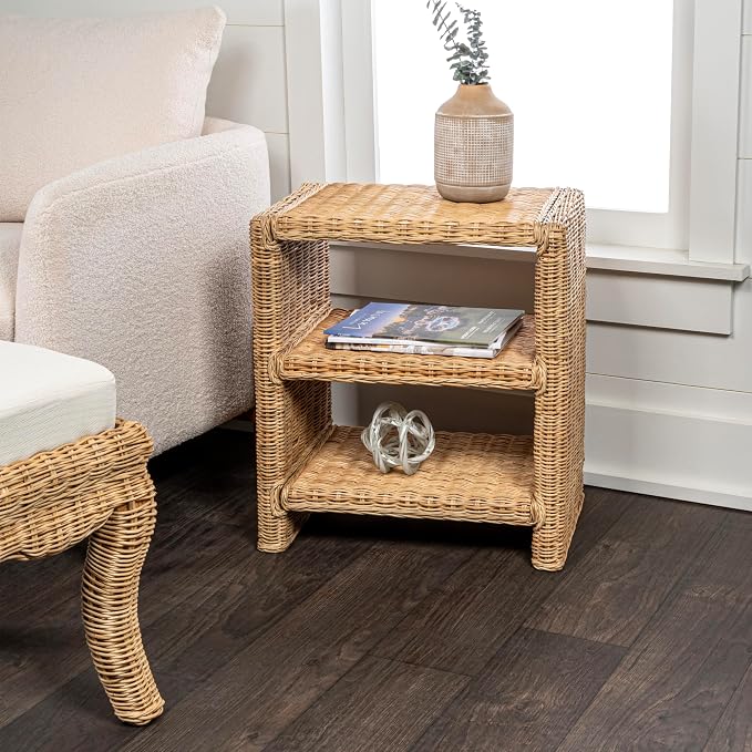 JONATHAN Y Praerie Natural Woven Rattan and Mango Wood 3-Tier End Table - Image 7