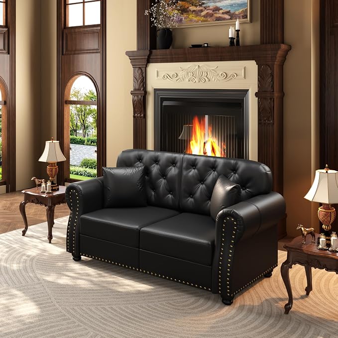 KEIKI 63" Faux Leather Chesterfield Sofa - Image 3