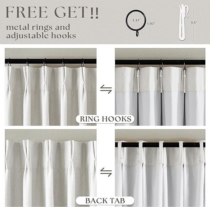 Beige White Pinch Pleated 100% Blackout Linen Curtains W60xL108 1 Panel | Black - Image 5