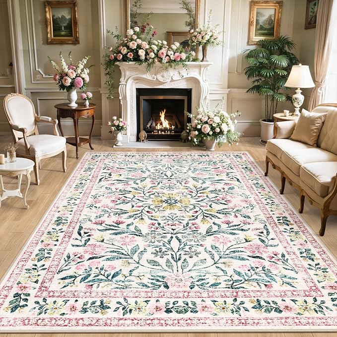 PLHXFR 8x10 Area Rug Living Room: Floral Washable Boho Carpet Pink Green | by PLHXFRSoftAreaRugs