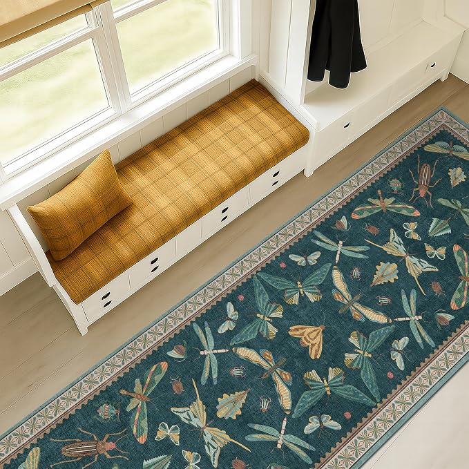 Washable Runner Rug for Hallway 2'6"x12', Foldable Insect Print Décor by HazoHaus