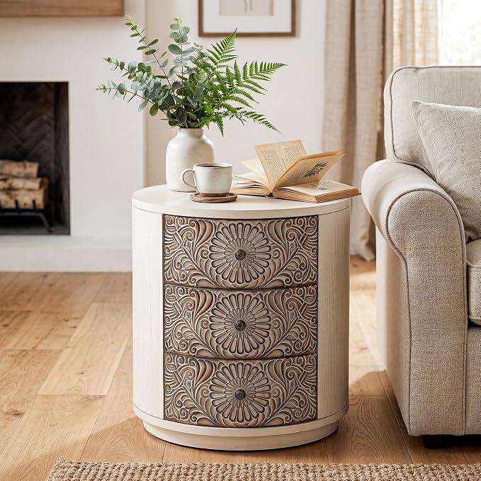 HOMPUS Round End Table Set 2, Fully Assembled Nightstand w 3 Storage Drawers - Image 4