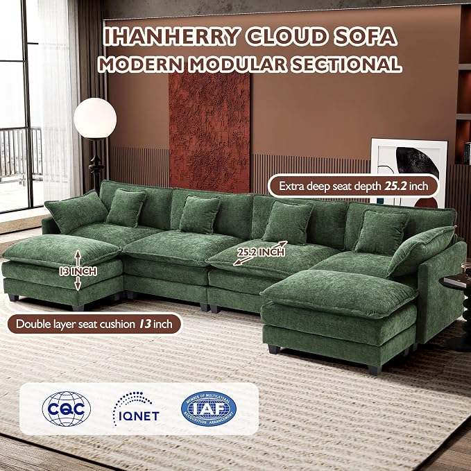 Ihanherry 146" U-Shaped Modern Sofa Modular Sectional Cloud Couch - Image 3