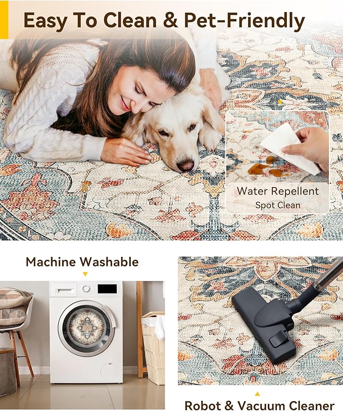RELEANY Washable Area Rug, Round 10ft, Water Repellent, Pet Friendly, Vintage - Image 5
