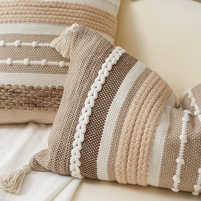 Boho Decorative Throw Pillow Cover 22x22 Square Brown Accent Pillowcase Tassels - Image 3