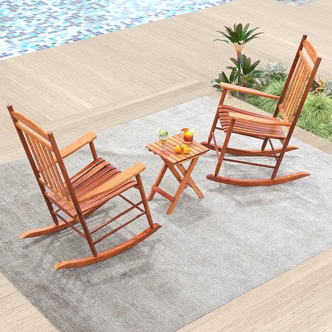 Tangkula 3-Piece Outdoor Poplar Wood Rocking Bistro Set, High Back Front Porch - Image 9