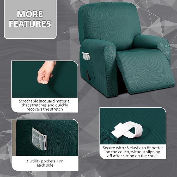 ULTICOR 4-Piece, 1 Seat Recliner Cover, Yarn Dyed Reclining Chair Covers - Image 3