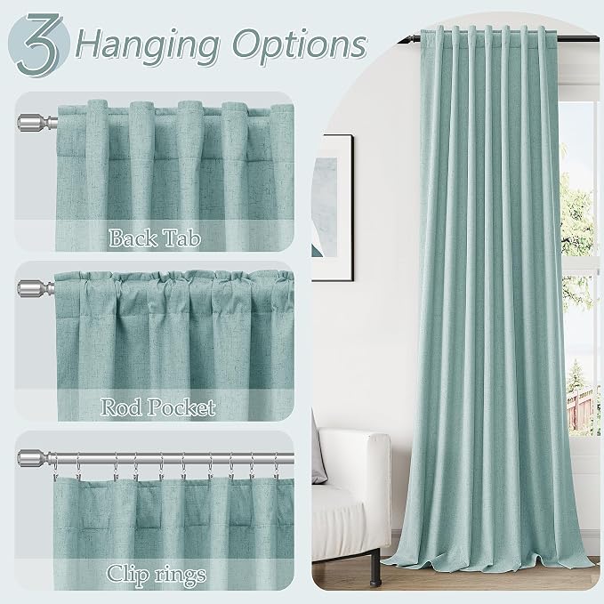 Light Blue 100% Blackout Linen Curtains 108 Inch Length 2 Panels Set - Image 6