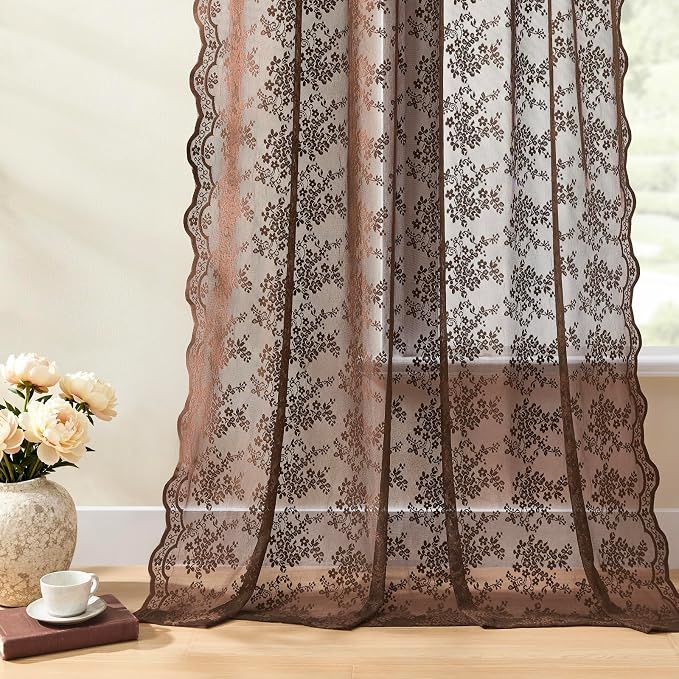 YJ YANJUN Vintage Lace Curtains 63 Inch Length-Victorian Floral Brown Sheer - Image 3