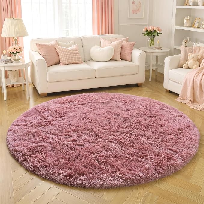 Amdrebio Blush Pink Circle Furry Area Rug 5Ft - Image 5
