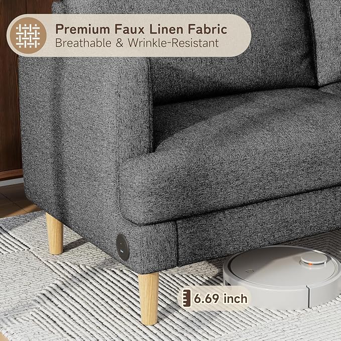 70" Modern Loveseat Sofa with USB Type-C Ports, Linen Fabric 2-Seater Deep Seat - Image 3