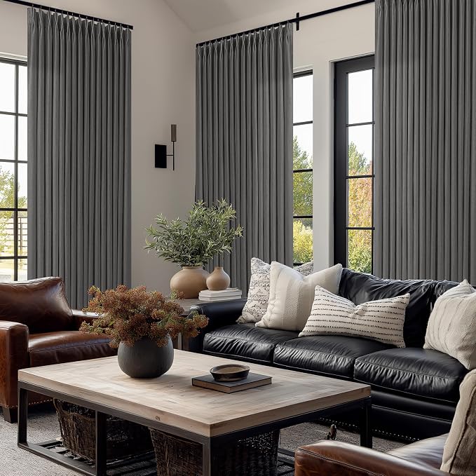 Dark Grey Light Filtering Pleated Linen Curtains 120 Inches Long 2 Panels | - Image 7