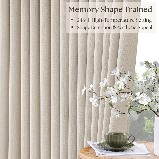 94 Inch Natural Blackout Linen Pinch Pleated Curtains 2 Panels | 100% Black Out - Image 4