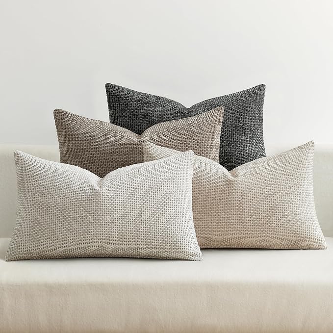 MIULEE Decorative Chenille Lumbar Pillow Covers Neutral 12x20 Pack of 4 | Mid by MIULEE