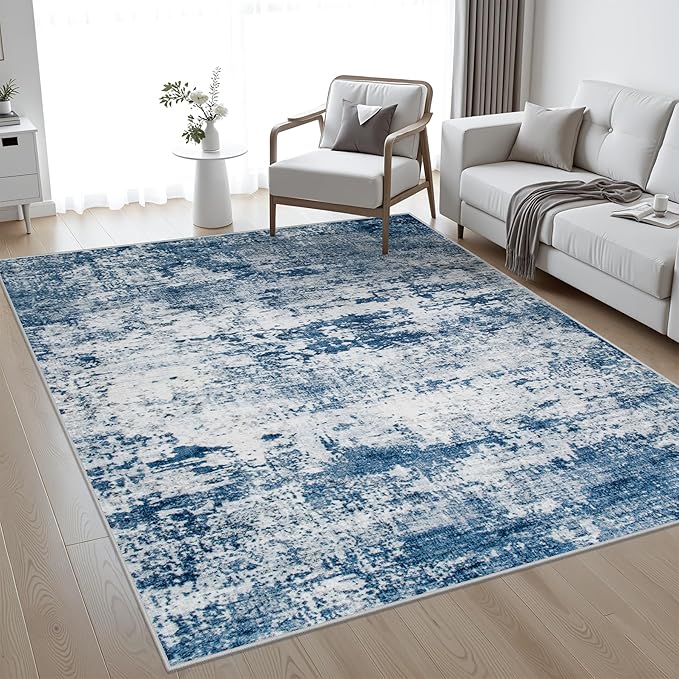5x8 Area Rug Living Room: Modern Washable Indoor Soft Carpet Blue | - Image 8
