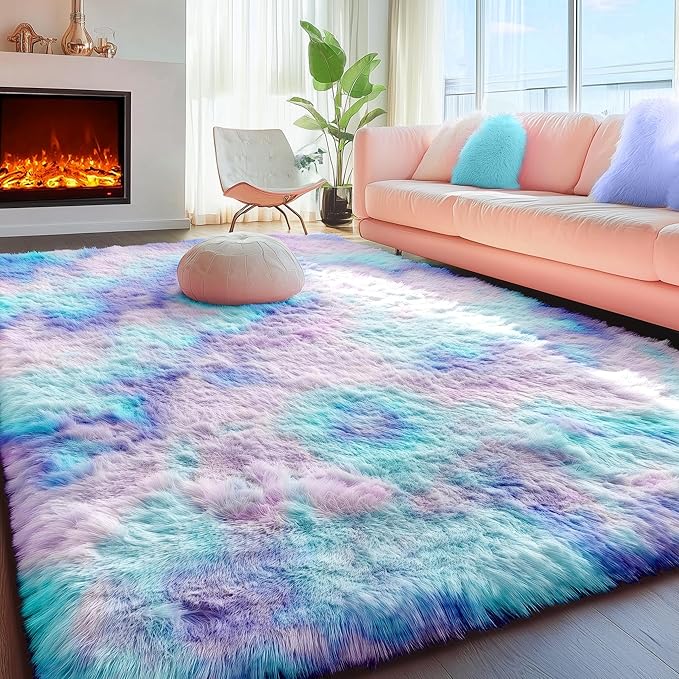 Plush Rainbow Accent Rugs for Bedroom Girls 2x3 Ft, Soft Purple Tent Rugs | - Image 6
