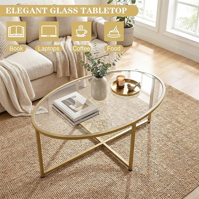 Wolawu Coffee Table Gold Oval Glass Coffee Tables - Image 4