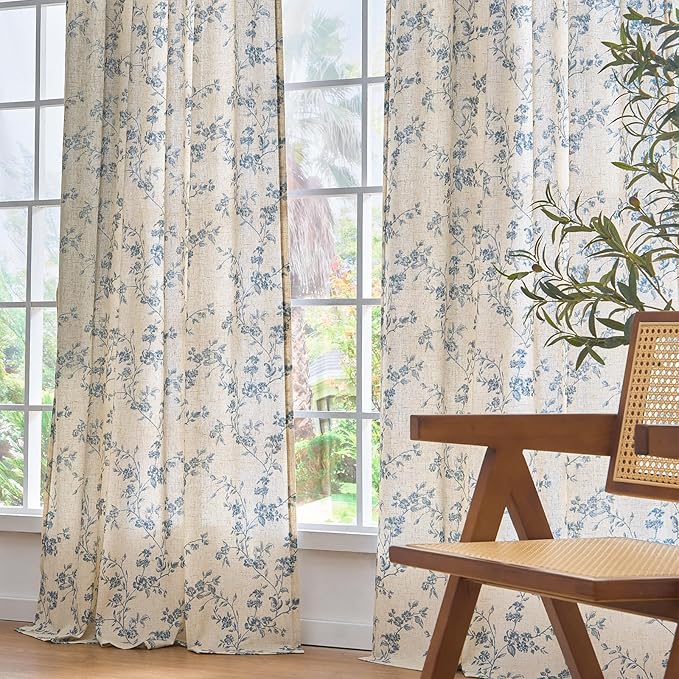 Blue Vintage Floral Linen Curtains Farmhouse 50W X 84L 2 Panels | Elisa Series - Image 7