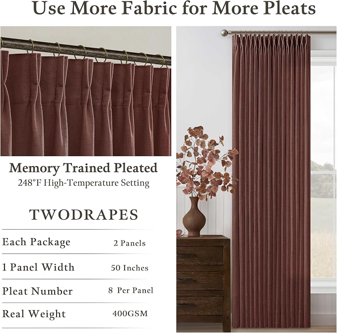 Pinch Pleat Linen Textured Reddish Brown Semi Sheer Curtains 120 Inch Long | - Image 5
