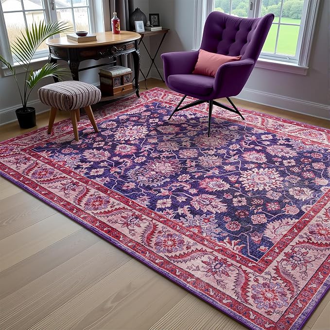 Purple Area Rugs for Living Room, 4x6 Washable Rugs for Bedroom, Non-Slip Retro - Image 8