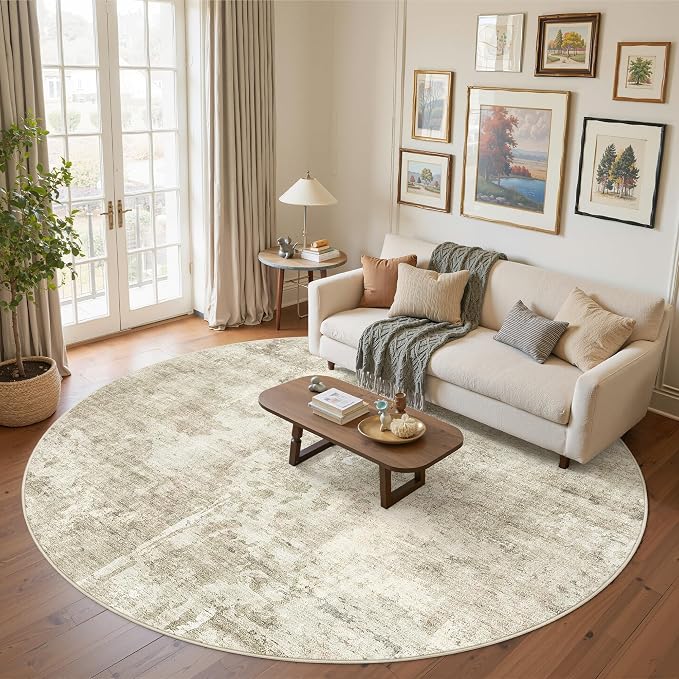 Soalmost Round Rugs 9ft Living Room Circle Area Rug 9x9 Beige/Gray Vintage | - Image 2