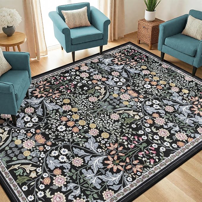 PLHXFR Area Rug Living Room: 5x7 Floral Washable Boho Carpet Dark Black | - Image 2