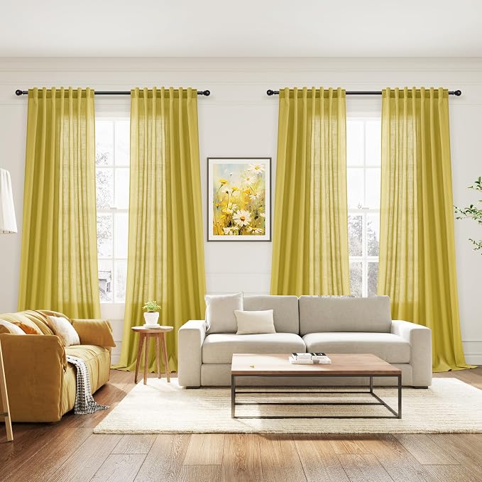 Celery Yellow Linen Curtains 84 Inch Length 2 Panels Set - Image 7