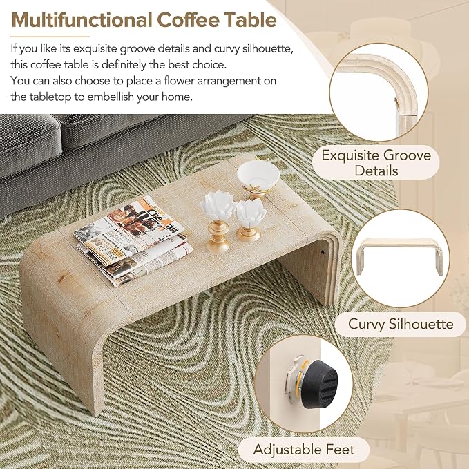 Minimalist Coffee Table with Curved Art Deco Design, Wood Rectangle Center Table - Image 6