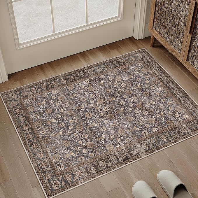 2x3 Brown Blue Vintage Floral Washable Area Rug by HUGEAR
