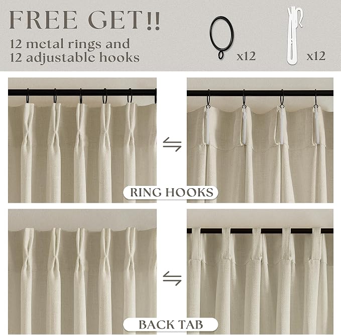60 Inch Width 108 Inches Long Linen Pinch Pleat Curtains 1 Panel | Light - Image 4
