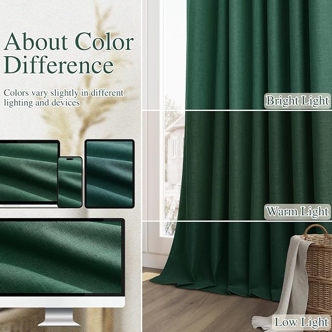 Dark Green 100% Blackout Linen Curtains 84 Inch Length 2 Panels Set - Image 7