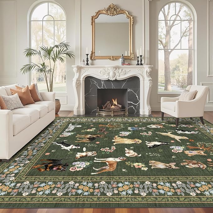 Dark Green Floral Area Rug 8x10 - Image 3
