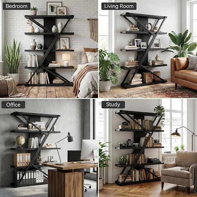 FUSUNBAO Industrial Bookshelf, Vintage 5-Tier Tall Bookcase - Image 6