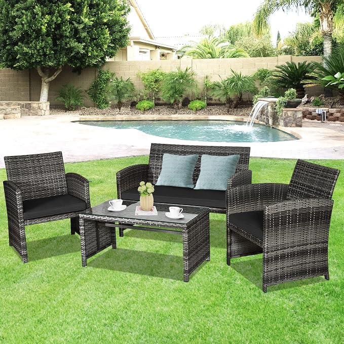 Goplus 4-Piece Rattan Patio Furniture Set, Outdoor Wicker Conversation Sofa - Image 9