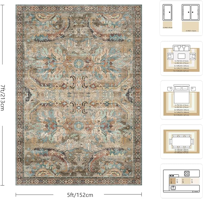 5x7 Area Rugs, Vintage Retro Soft Washable Rug, Non-Slip Low Pile Rugs - Image 2