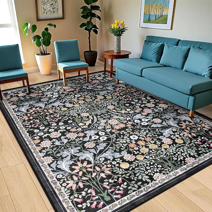 PLHXFR 8x10 Area Rug Living Room: Floral Washable Boho Carpet Dark Black | - Image 2
