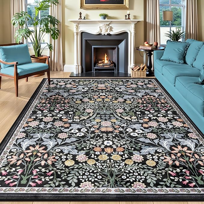 PLHXFR 8x10 Area Rug Living Room: Floral Washable Boho Carpet Dark Black | by PLHXFRSoftAreaRugs