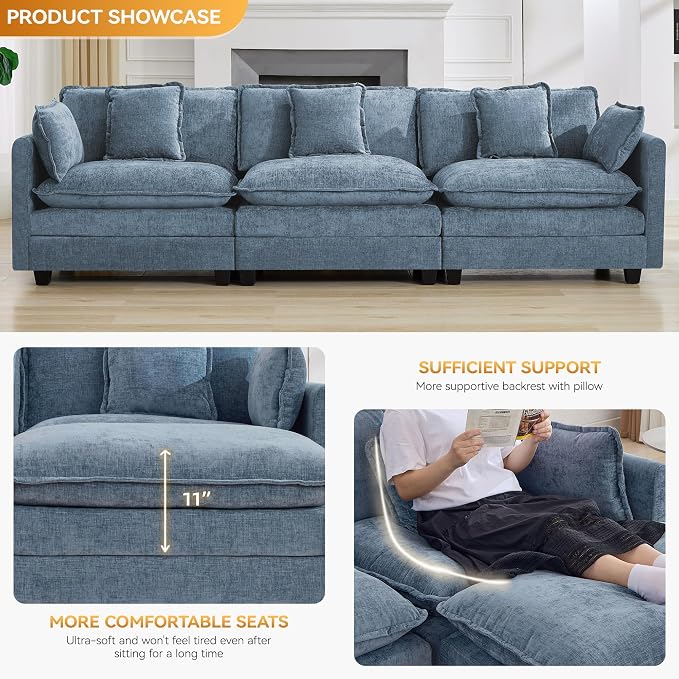 111'' Sectional Cloud Deep Seat Couch, Modern Comfy Chenille Modular Sectional - Image 3