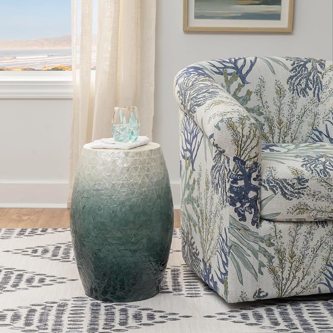 Tylin Ivory and Blue Capiz Ombre Drum Accent Table - Image 2