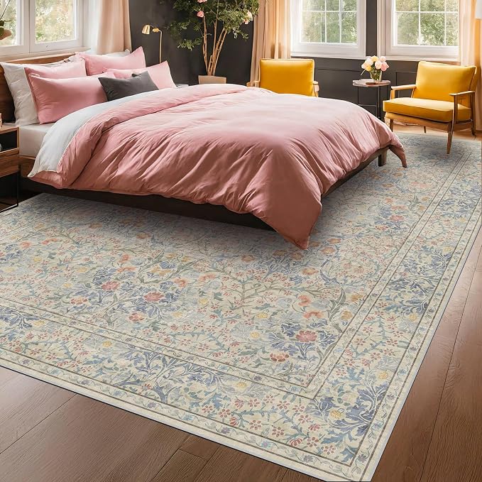 Vintage Washable Beige Blue 10x14 Rug - Image 4