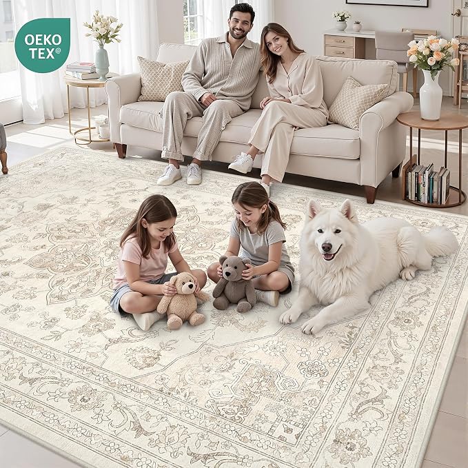 6x9 Area Rugs Living Room: Bedroom Washable Carpet Beige White | Vintage Boho - Image 8