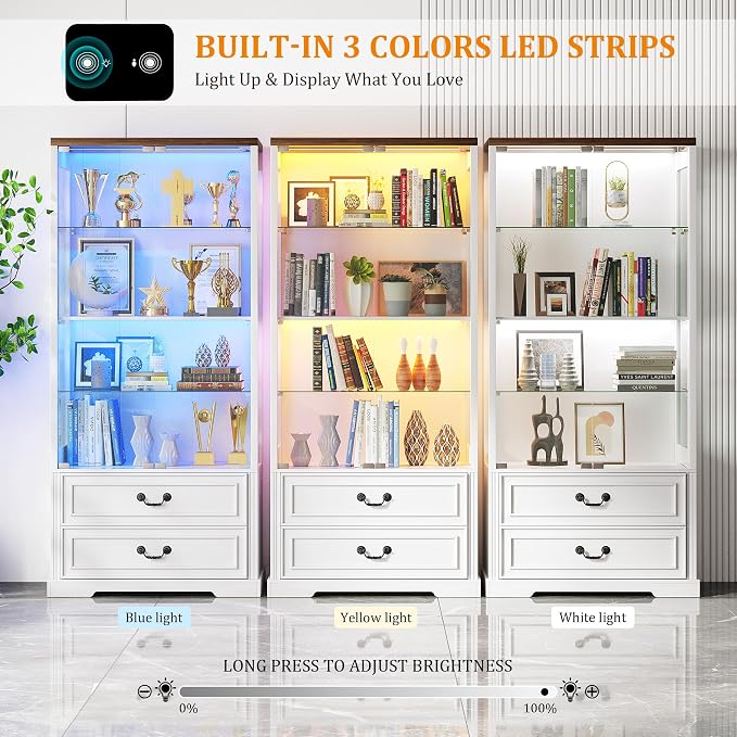 FREDEES Display Cabinet with Glass Doors, Tall Bookcase with 3 Color Lights and - Image 4