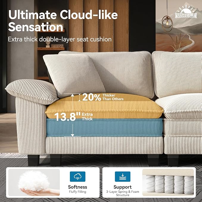 SUNSHINE VALLEY 3 Piece Living Room Sofa Furniture Set, Oversized Corduroy 2 - Image 3