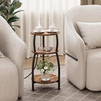 Round Side Table with Power Outlet & USB Ports, 3-Tier End Table with Storage - Image 5