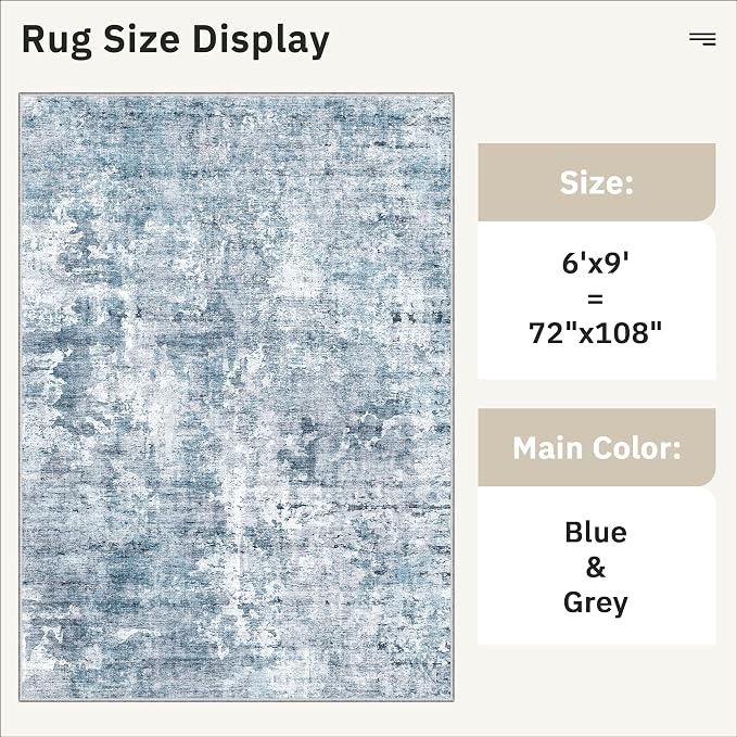Soalmost Abstract Area Rug 6x9 for Living Room Washable Rugs Blue/Grey | - Image 5
