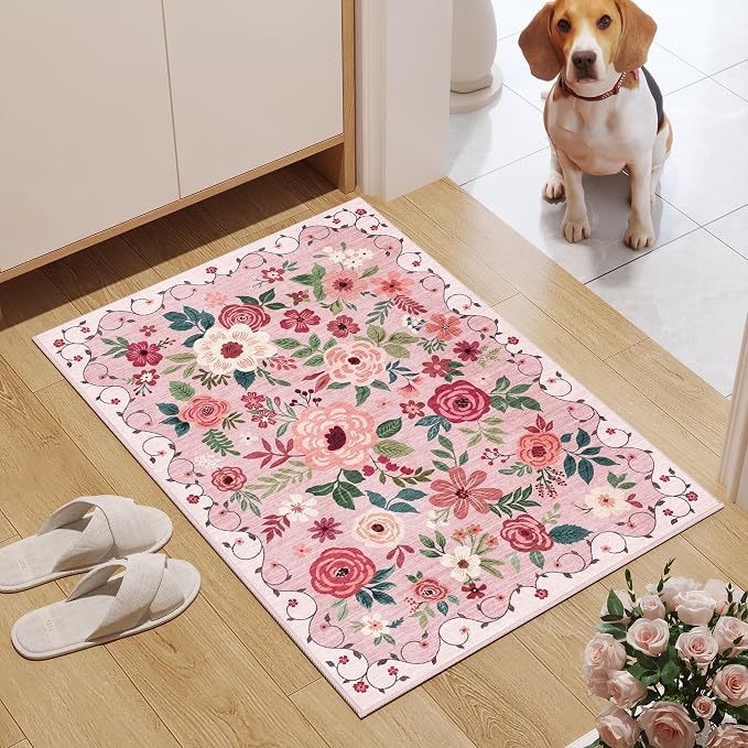 DUKINO 2x3 Entryway Rug, Floral Door Mat Soft Washable Rug Non Slip, - Image 3
